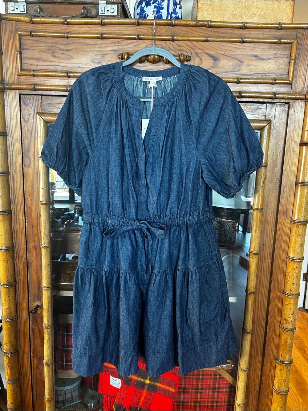 Women's Dark Blue Denim Tiered Drawstring Dress